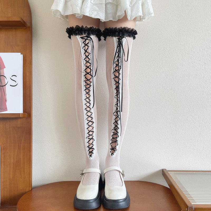 LolitaFetch Essentials Fishnet Lace-Up Ruffle Over-the-Knee Thigh Highs - image 4