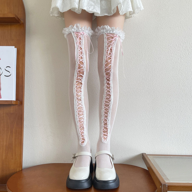 LolitaFetch Essentials Fishnet Lace-Up Ruffle Over-the-Knee Thigh Highs - image 5