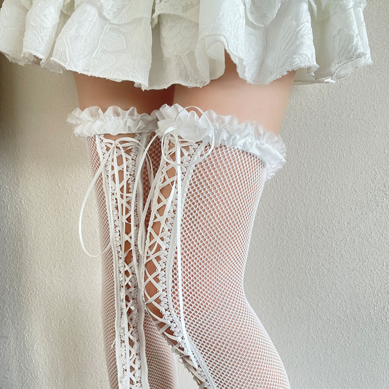 LolitaFetch Essentials Fishnet Lace-Up Ruffle Over-the-Knee Thigh Highs - image 6