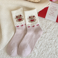 Flocked Puppy Bow Fleece-Lined Crew Socks - Sweet Lolita Socks - Pale Pink / One Size
