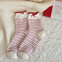 Flocked Puppy Bow Fleece-Lined Crew Socks - Sweet Lolita Socks - Thin Stripe / One Size