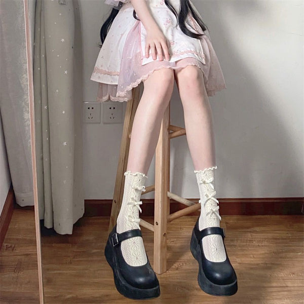 LolitaFetch Essentials Floral Bow Hollow-Out Ruffle Edge Lace Slouch Socks - image 1