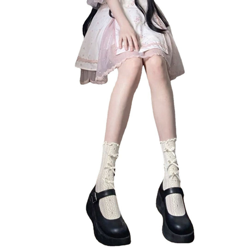LolitaFetch Essentials Floral Bow Hollow-Out Ruffle Edge Lace Slouch Socks - image 5