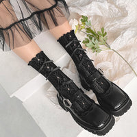 Floral Bow Hollow-Out Ruffle Edge Lace Slouch Socks - JK Sweet Lolita Socks - Black / One Size