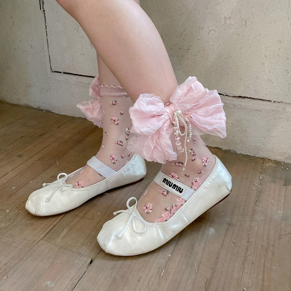LolitaFetch Essentials Floral Crystal Sheer Chiffon Big Bow Slouch Crew Socks - image 1