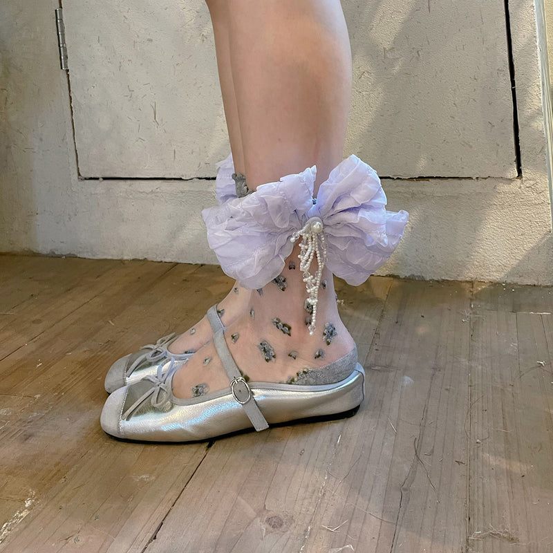 LolitaFetch Essentials Floral Crystal Sheer Chiffon Big Bow Slouch Crew Socks - image 3