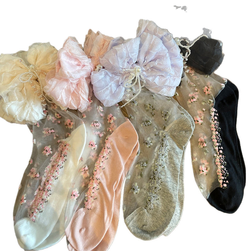LolitaFetch Essentials Floral Crystal Sheer Chiffon Big Bow Slouch Crew Socks - image 5