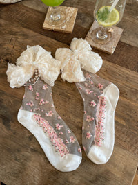Floral Crystal Sheer Chiffon Big Bow Slouch Crew Socks - Sweet Lolita Socks - White / One Size