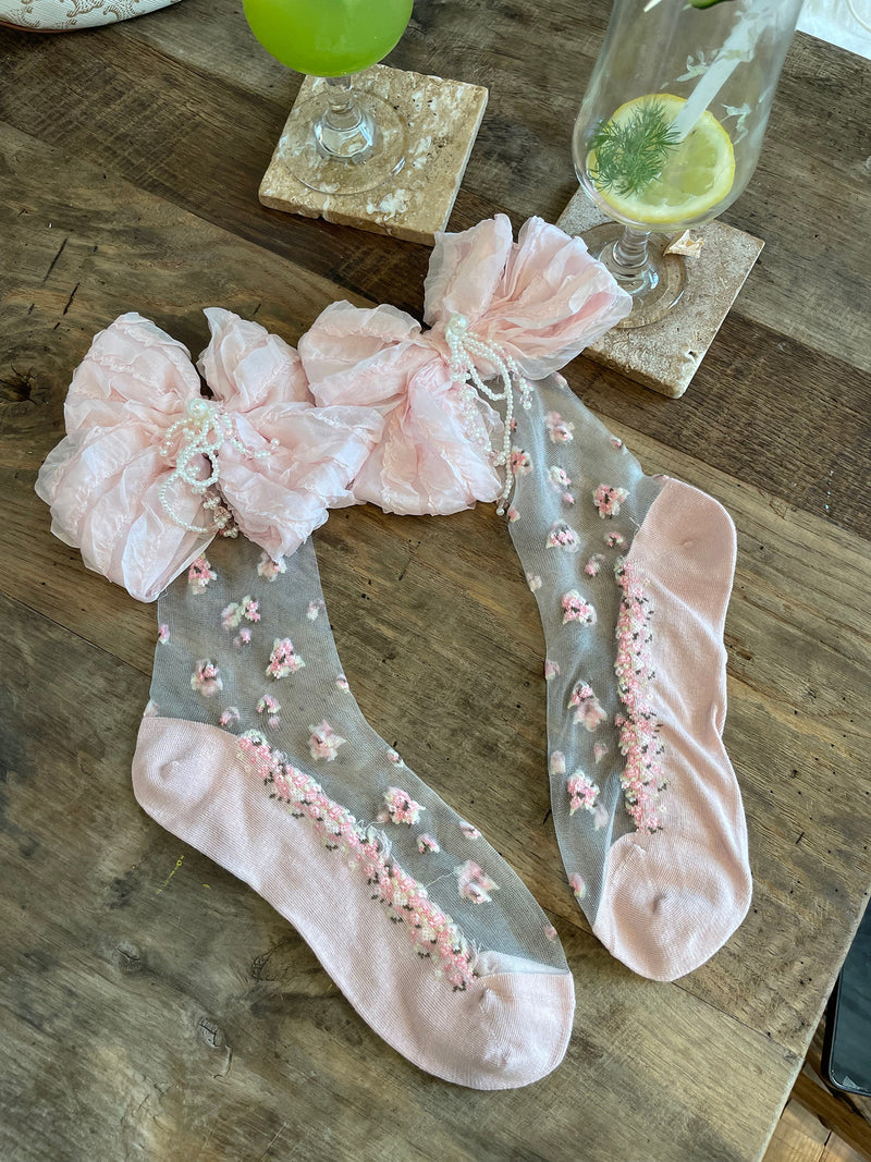 LolitaFetch Essentials Floral Crystal Sheer Chiffon Big Bow Slouch Crew Socks - image 7