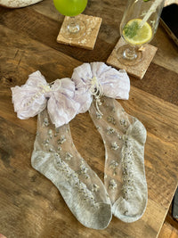 Floral Crystal Sheer Chiffon Big Bow Slouch Crew Socks - Sweet Lolita Socks - Gray / One Size
