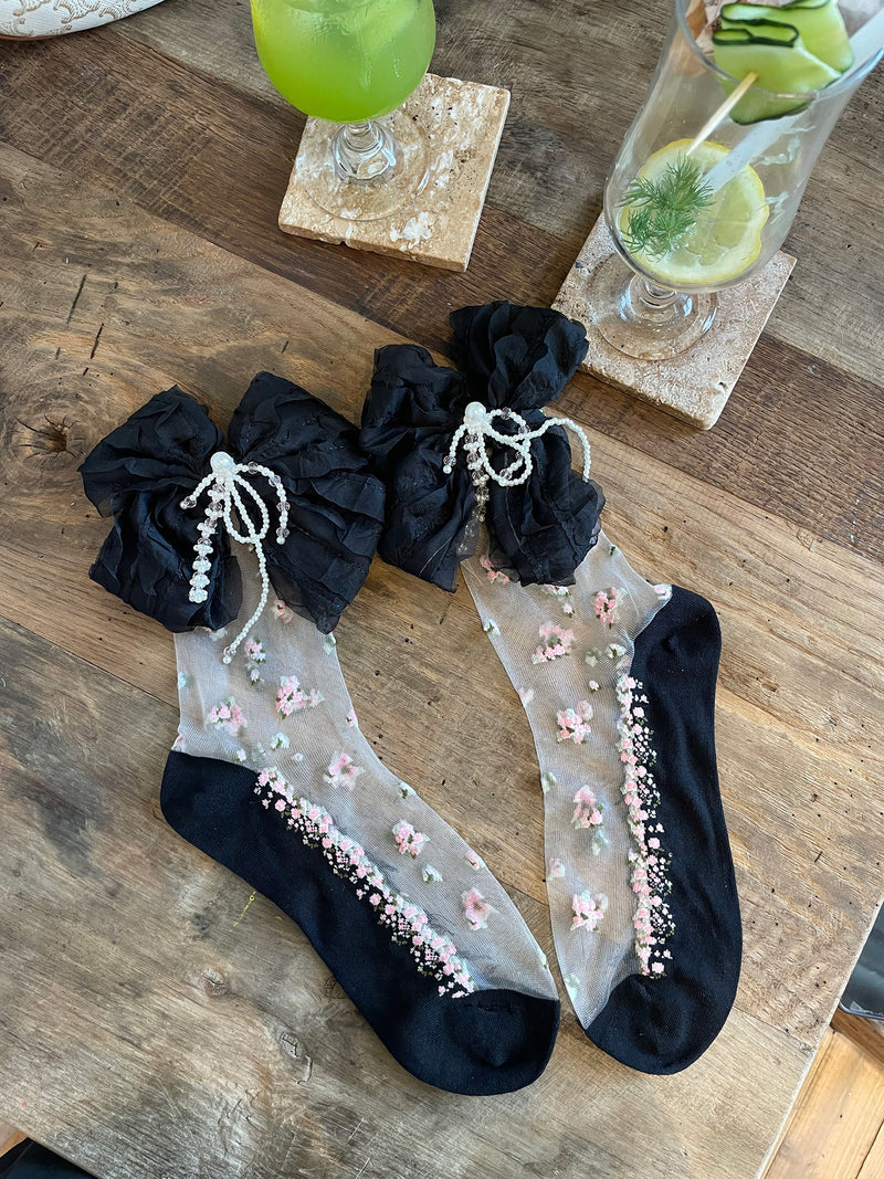 LolitaFetch Essentials Floral Crystal Sheer Chiffon Big Bow Slouch Crew Socks - image 9