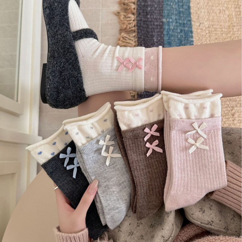 LolitaFetch Essentials Floral Double Bow Fleece-Lined Crew Socks - image 1