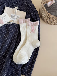 Floral Double Bow Fleece-Lined Crew Socks - Sweet Lolita Socks - White