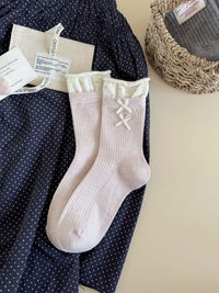 Floral Double Bow Fleece-Lined Crew Socks - Sweet Lolita Socks - Pink