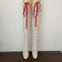 Floral Lace-Up Over-the-Knee Thigh Highs - Pastoral Sweet Lolita Socks - Cherry Floral / One Size