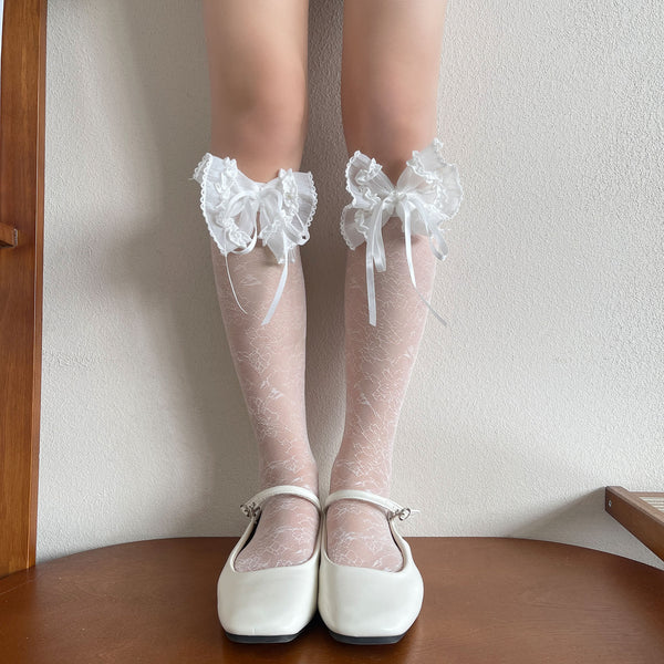 LolitaFetch Essentials Floral Sheer Bow Slouch Mid-Calf Crew Socks - image 1