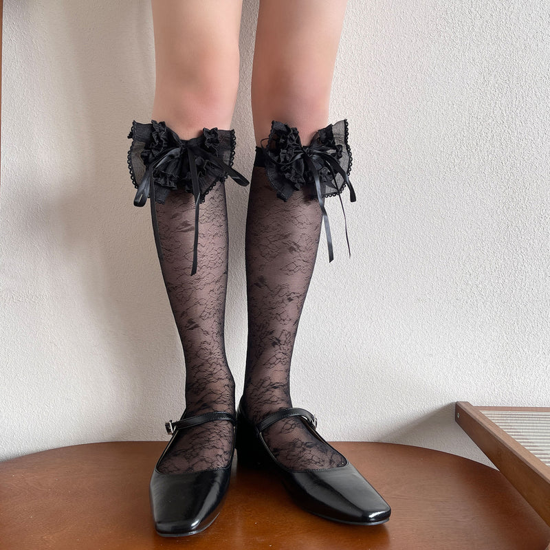 LolitaFetch Essentials Floral Sheer Bow Slouch Mid-Calf Crew Socks - image 3