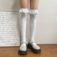 Gray Tone Ruffle Cotton Over-the-Knee Slouch Socks - Sweet Ballet Lolita Socks - White / One Size