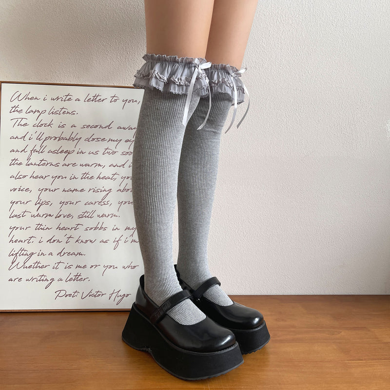 LolitaFetch Essentials Gray Tone Ruffle Cotton Over-the-Knee Slouch Socks - image 8