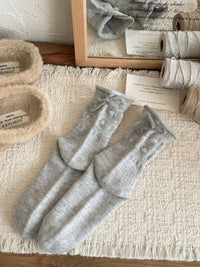 Heart Bow Fleece-Lined Sleep Socks - Sweet Lolita Slouch Socks - Light Gray / One Size