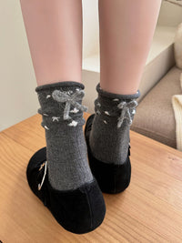 Heart Bow Fleece-Lined Sleep Socks - Sweet Lolita Slouch Socks - Dark Gray / One Size