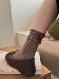 Heart Bow Fleece-Lined Sleep Socks - Sweet Lolita Slouch Socks - Coffee / One Size