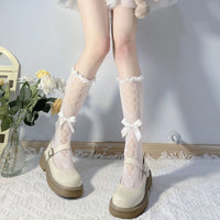 Heart Jacquard Lace Ruffle Calf Socks - JK Sweet Lolita Socks - White Bow / One Size