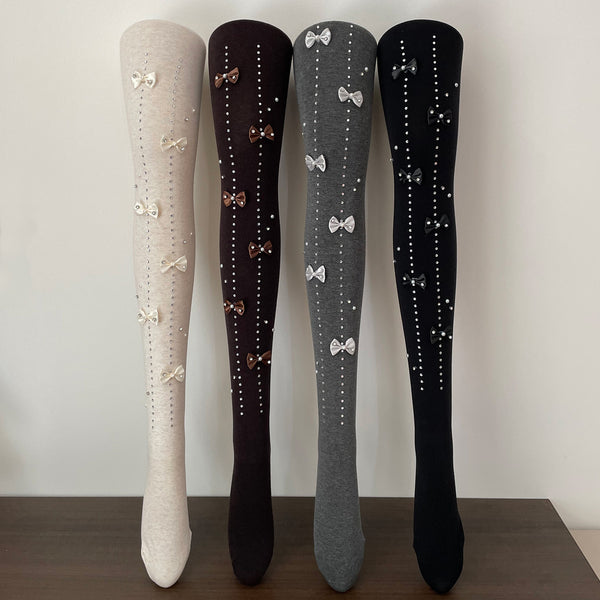 LolitaFetch Essentials Heavy Rhinestone Bow Fleece-Lined Tights - image 1