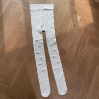 Heavy Rhinestone Bow Fleece-Lined Tights - Sweet Lolita Leggings - Oatmeal White / 600D, no fleece lining