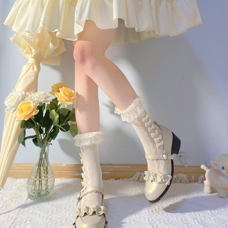 LolitaFetch Essentials Hollow-Out Mesh Bow Ruffle Slouch Calf Socks - image 3