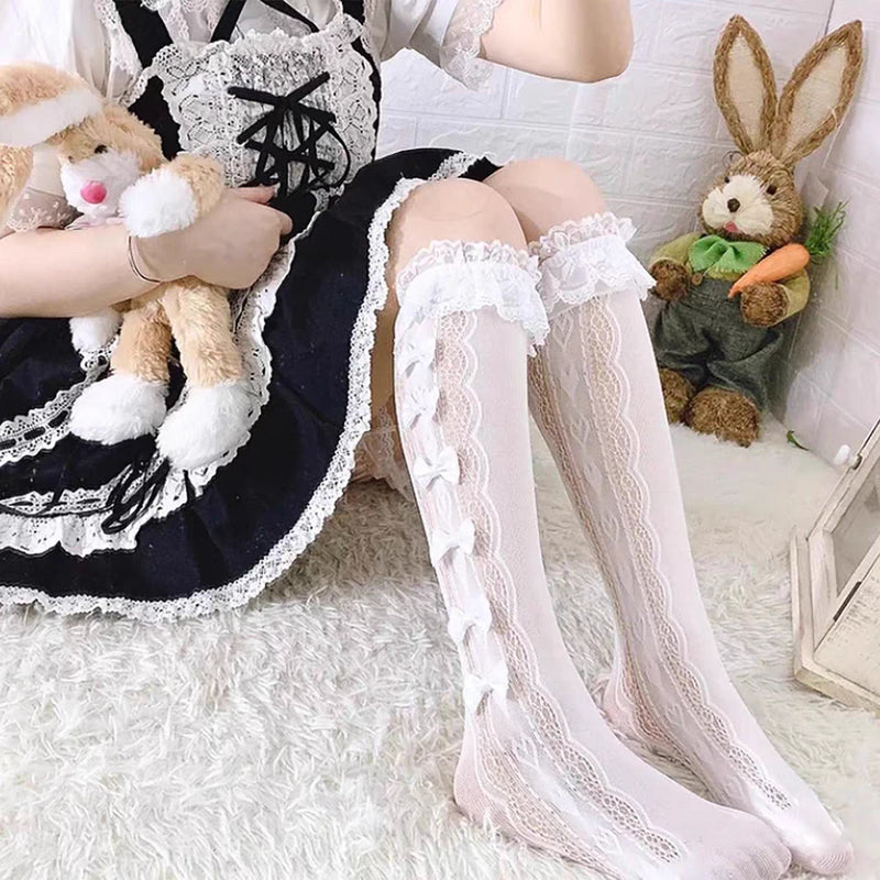 LolitaFetch Essentials Hollow-Out Mesh Bow Ruffle Slouch Calf Socks - image 6