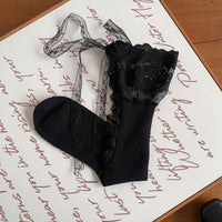 Jacquard Lace-Up Hollow-Out Slouch Crew Socks - Sweet Ballet Lolita Socks - Black / One Size