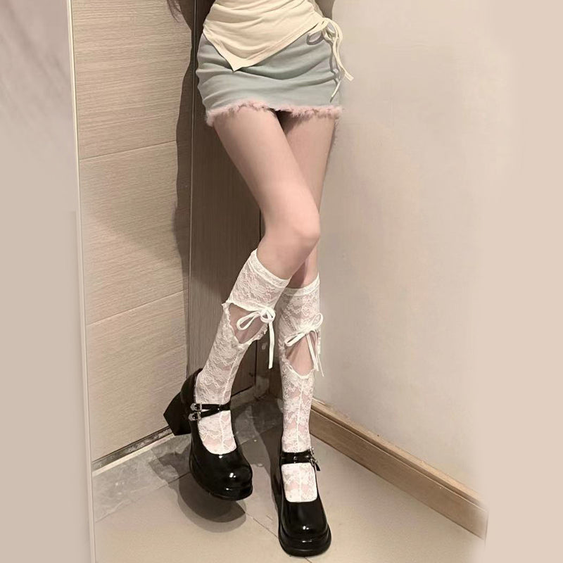 LolitaFetch Essentials Lace Bow Heart Hollow-Out Cross Strap Calf Socks - image 3