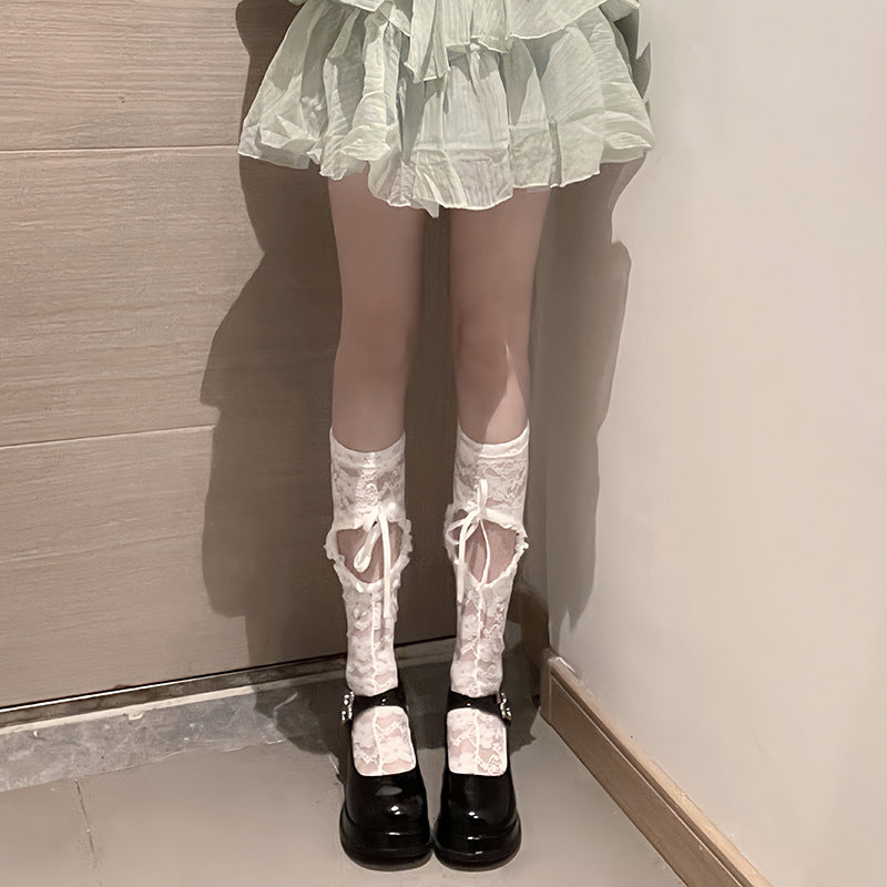 LolitaFetch Essentials Lace Bow Heart Hollow-Out Cross Strap Calf Socks - image 4