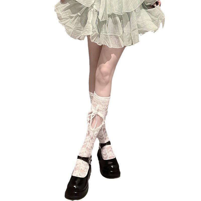 LolitaFetch Essentials Lace Bow Heart Hollow-Out Cross Strap Calf Socks - image 5