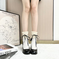 Lace Bow Ribbon Trim Socks - JK Sweet Lolita Socks - Black Ribbon / Ankle