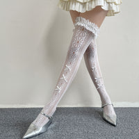 Lace Bow Ruffle Over-the-Knee Thigh Highs - Sweet JK Lolita Socks - White / One Size