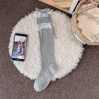 Lace Bow Ruffle Slouch Calf Socks - JK Sweet Lolita Socks - Light Gray / One Size