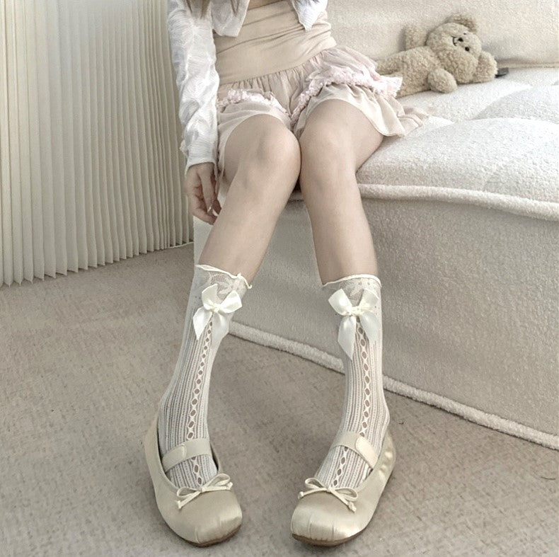 LolitaFetch Essentials Lace Bow Ruffle Stripe Calf Socks - image 3