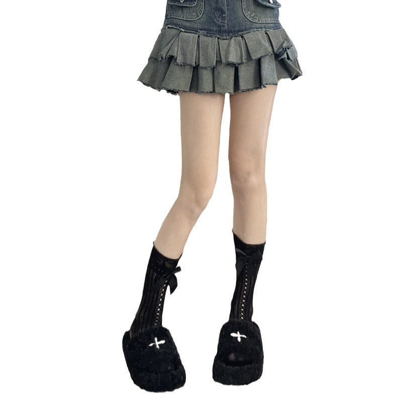 LolitaFetch Essentials Lace Bow Ruffle Stripe Calf Socks - image 5