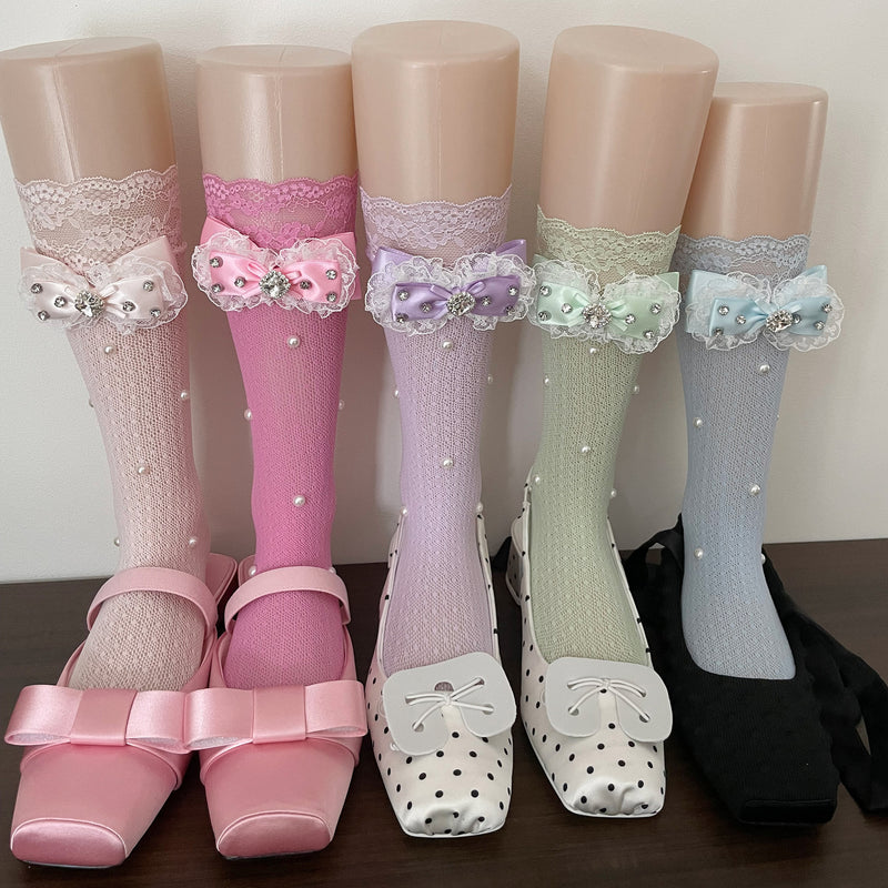 LolitaFetch Essentials Lace Ruffle Rhinestone Bow Slouch Calf Socks - image 1