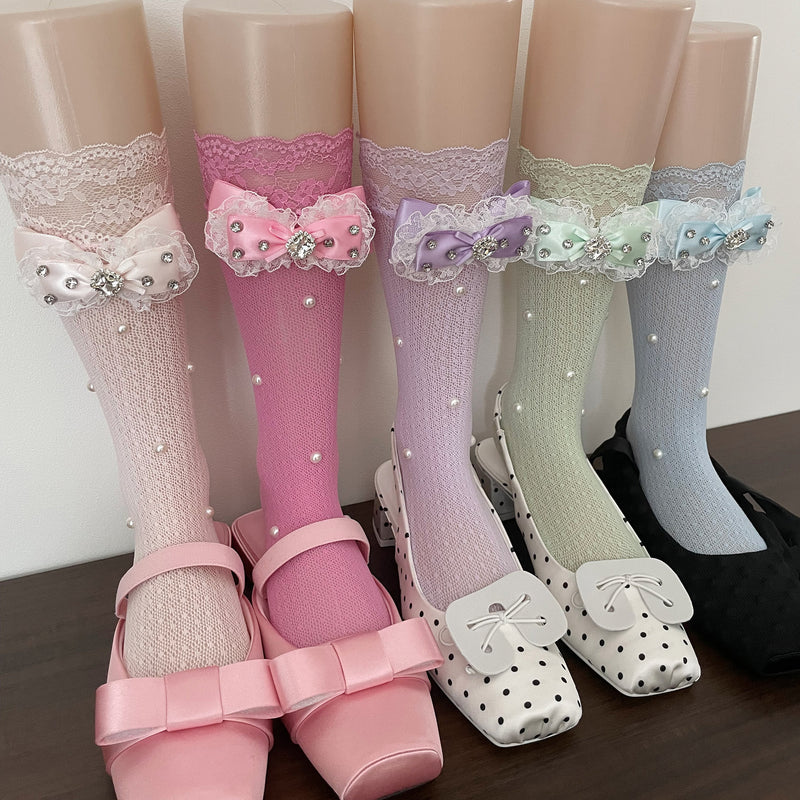 LolitaFetch Essentials Lace Ruffle Rhinestone Bow Slouch Calf Socks - image 2