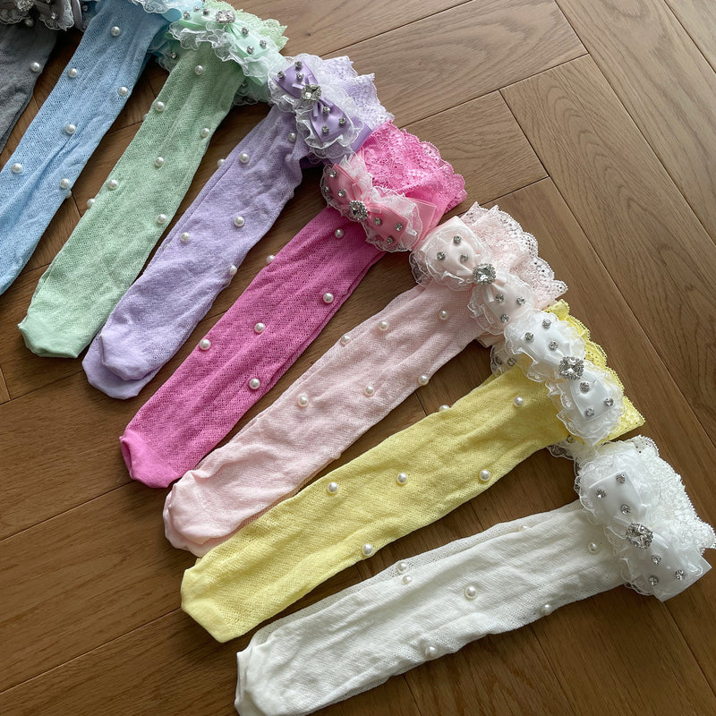 LolitaFetch Essentials Lace Ruffle Rhinestone Bow Slouch Calf Socks - image 3
