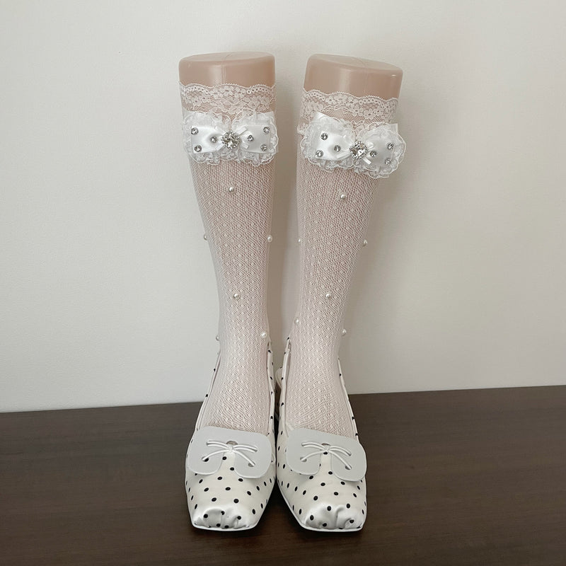 LolitaFetch Essentials Lace Ruffle Rhinestone Bow Slouch Calf Socks - image 4
