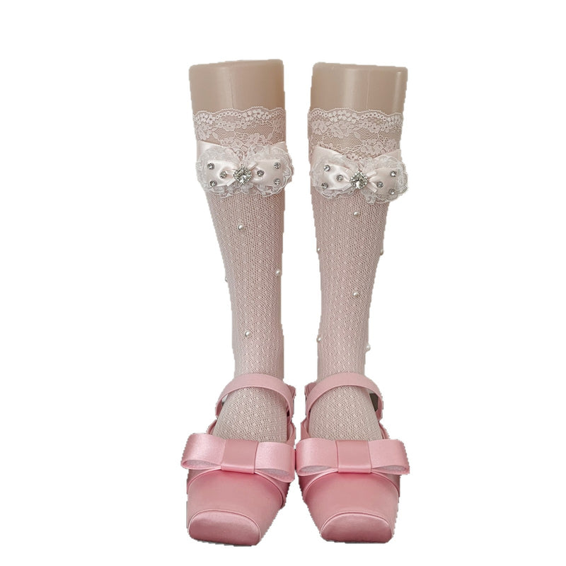 LolitaFetch Essentials Lace Ruffle Rhinestone Bow Slouch Calf Socks - image 5