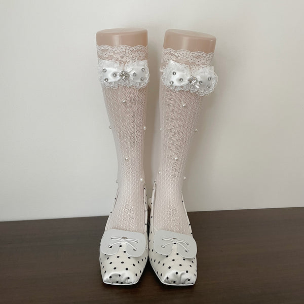 LolitaFetch Essentials Lace Ruffle Rhinestone Bow Slouch Calf Socks - image 6