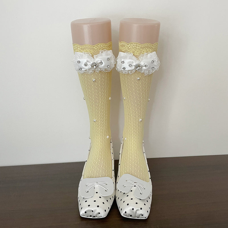 LolitaFetch Essentials Lace Ruffle Rhinestone Bow Slouch Calf Socks - image 8