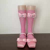 Lace Ruffle Rhinestone Bow Slouch Calf Socks - Sweet Lolita Socks - Rose Pink / One Size