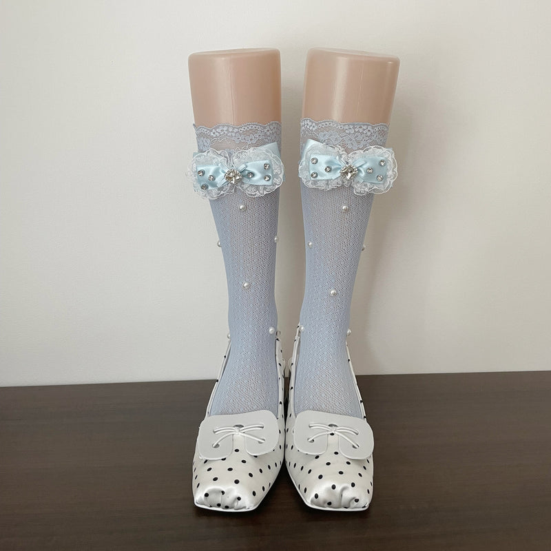 LolitaFetch Essentials Lace Ruffle Rhinestone Bow Slouch Calf Socks - image 10