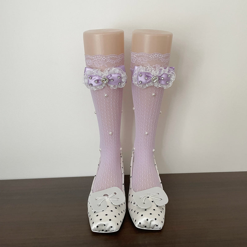 LolitaFetch Essentials Lace Ruffle Rhinestone Bow Slouch Calf Socks - image 11